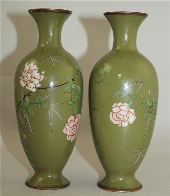 A pair of Japanese silver and copper wire sage green ground vases, c.1910, 18.5cm